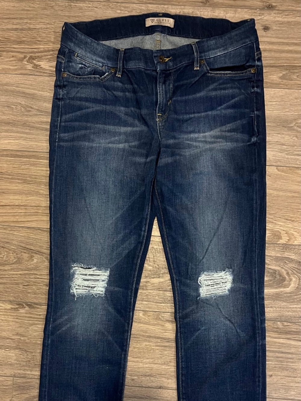 GUESS Dark Wash Denim Blue Stretch Raw Hem Distressed Ankle Jeans 29